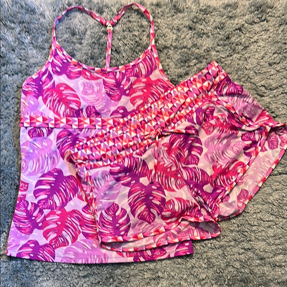 Athleta Girl Tankini and Cannonball Swim Shorts, Pink & Purple Leaf Print. XL 14